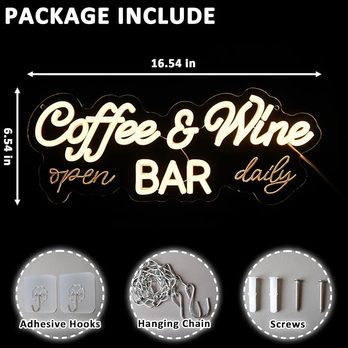 Coffee & Wine Neon Sign for Wall Decor Dimmable 16.54" x 6.54" Led Sign for Home Bar USB Powered Neon Light for Wine Cellar Cafe Farmhouse Kitchen Pub Dining Room Shop Party Decoration
