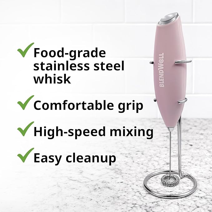 BlendWell Electric Milk Frother for Matcha and Coffee, Handheld Battery Operated Drink Mixer with Stand, Stainless Steel Whisk, Rose Pink