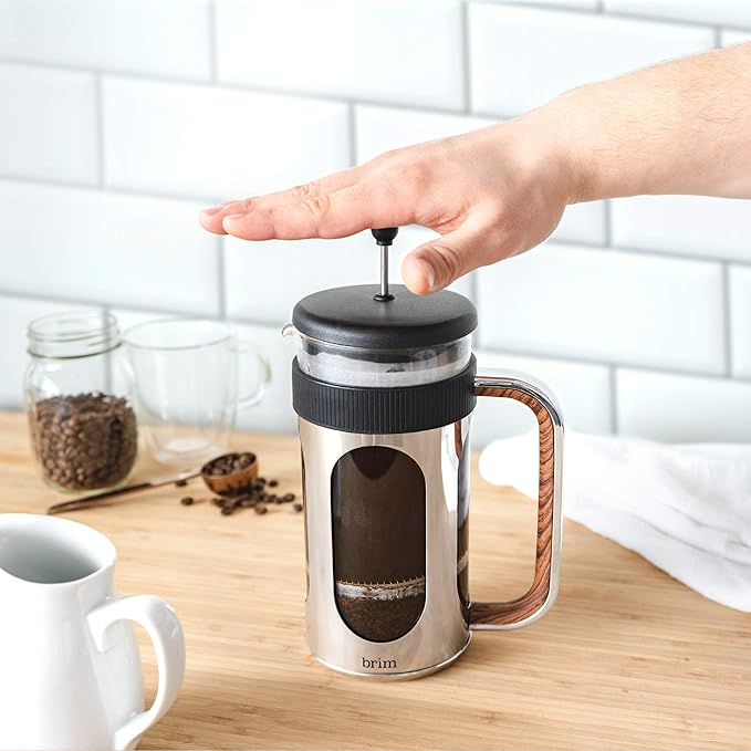 brim 8 Cup French Press, Quickly Brew Coffee in Under 5 Minutes, Classic Design with Modern Twist, Dishwasher Safe Carafe for Easy Cleaning, Replacement Filter Included, Stainless Steel/Wood