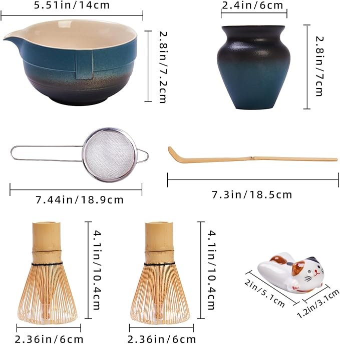 Matcha Whisk Set, Matcha Set Includes 2X Matcha Whisk, Matcha Bowl and Chasen Holder, Bamboo Scoop, Scoop Rest, Sifter - 7 Pcs Matcha Kit for Tea Ceremony, Gift for Matcha Lover (Blue to Black)