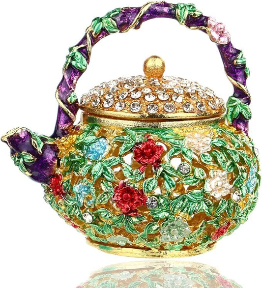 YU FENG 4.7inch Mini Teapot Trinket Box Hinged For Girls Ring Holder Handmade Ring Holder Dish Decorated (teapot) Christmas Gift