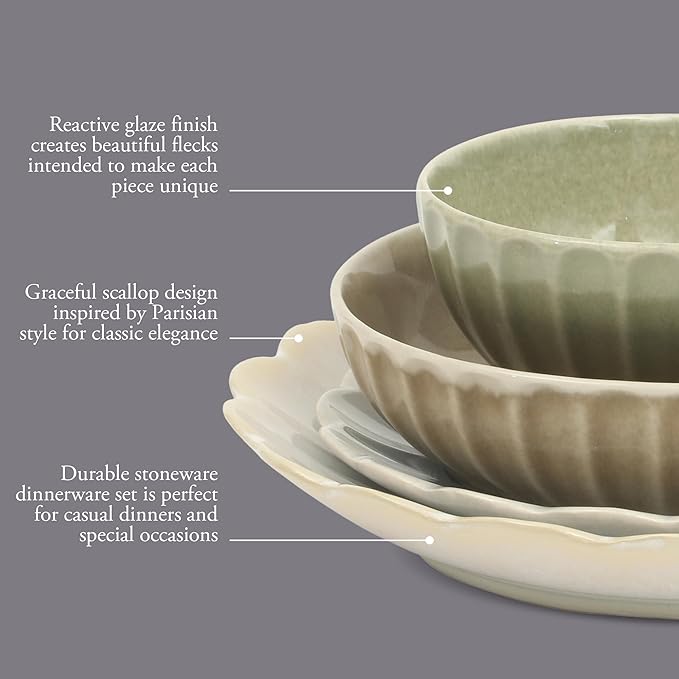 Gibson Elite Malibu Shore 16 Piece Scallop Stoneware Reactive Glaze (Service for 4) Ceramic Plates and Bowls Dinnerware Set - Assorted Color (Shiny Cream White, Blue, Cream, Terracotta)