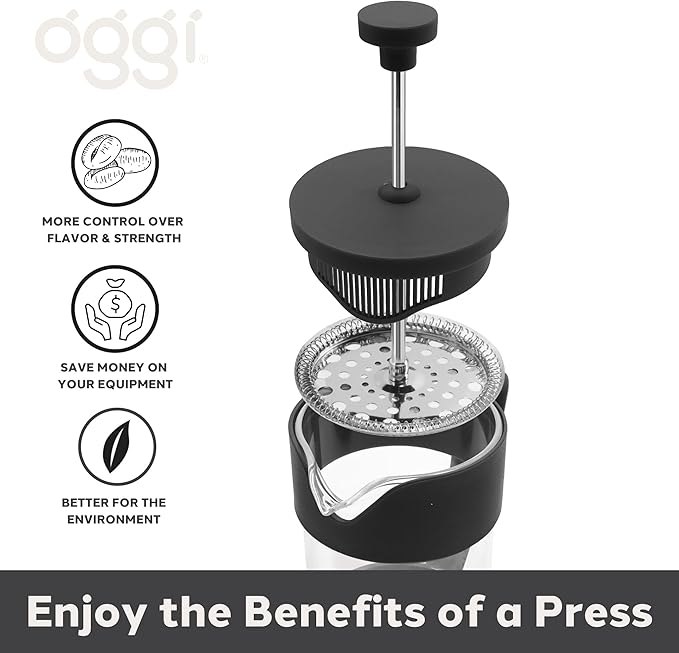 Oggi Borosilicate Glass French Press Coffee Maker (20oz)- 5 Cup Capacity, Coffee Press, Single Serve Coffee Maker, Stainless Steel Lid & Plunger, Make Great Coffee Gifts