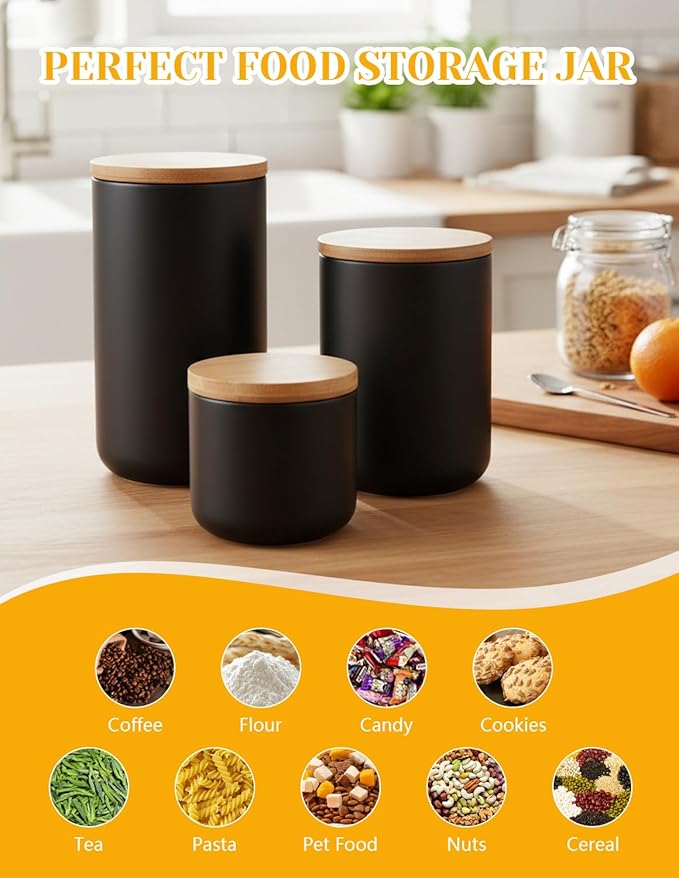 YYW Ceramic Food Storage Containers with Lids, Kitchen Canisters for Countertop, Black Food Containers Jar for Flour, Coffee Bean, Sugar, Tea, Spices and More, Home Decor (800ml/27.05oz)