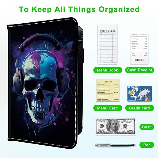 Server Books for Waitress, with 7 Large Pockets, Waiter Serving Book, Waitstaff Server Order Pads, Cute PU Leather Server Book with Pen Holder Fit Server Apron, Skull in Headphones - Image 5