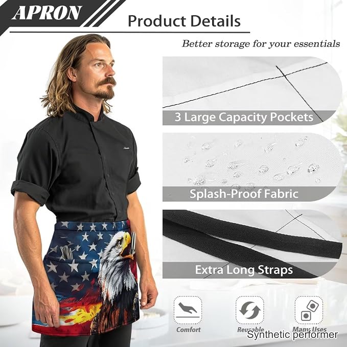Waist Apron with 3 Pockets Waterproof 13 Inch Short Half Waist Aprons Women Men Server Aprons Waitress Waiter Apron - Image 6