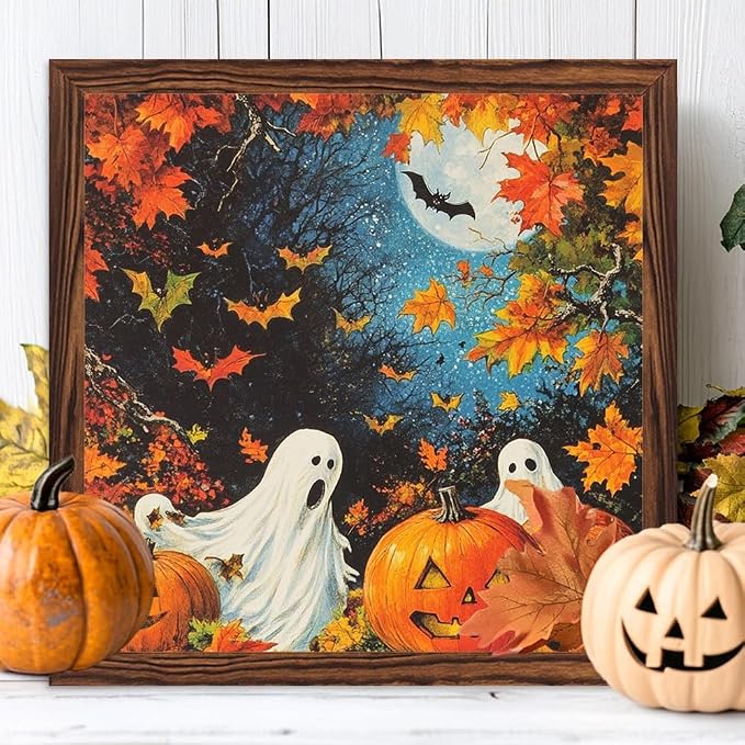 Vintage Halloween Theme Decorative Sign Spooky Ghosts & Pumpkins Art Wooden Sign, With Frame Fall Theme Sign for Home Office, Cafe, Bedroom Halloween Decor 7.87x7.87 Inch - Image 3
