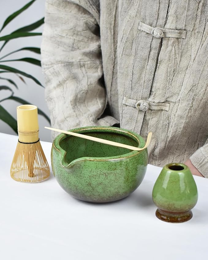 Artcome Matcha Tea Set – 20.2oz Premium Matcha Bowl with Spout, Whisk, Scoop, Whisk Holder & Brewing Guide – Authentic Japanese Tea Ceremony Tools for Perfect Matcha Preparation, Green