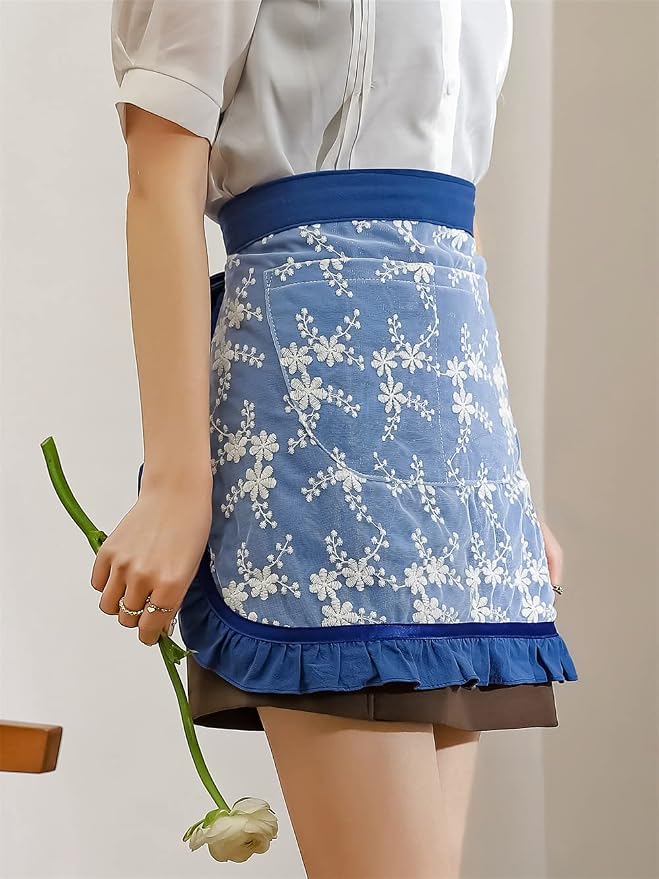 Unisex Chef Aprons White Retro Cotton Maid Short 2 Pockets Waist Waiter Waitress Half Apron - Image 4