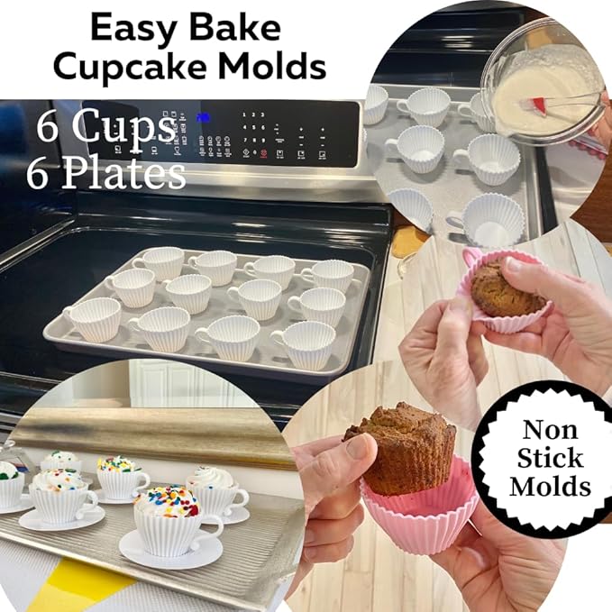 Evelots Baking Cupcake Molds - Silicone Teacup Set - 12 Pc Set - Oven-Safe - Nonstick - Muffin Cups for Bridal/Baby Shower, Birthday/Tea Party - 6 Cups & 6 Saucers - BPA Free