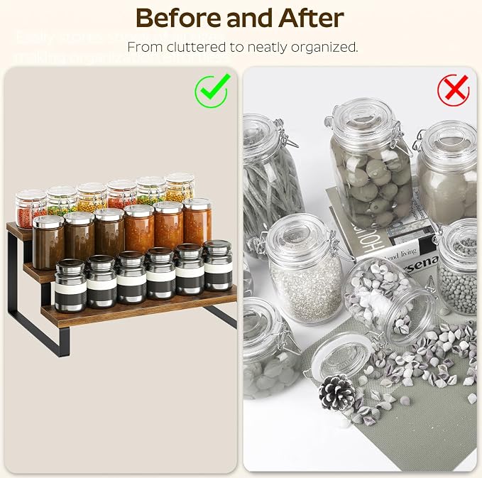 YATINEY Spice Rack, 3 Tier Wooden Display Riser Stand, Kitchen Storage Organizer for Spices, Versatile Display Shelf, Space Saving, for Kitchen Countertop and Cabinet, Rustic Brown SR03L2BR - Image 3