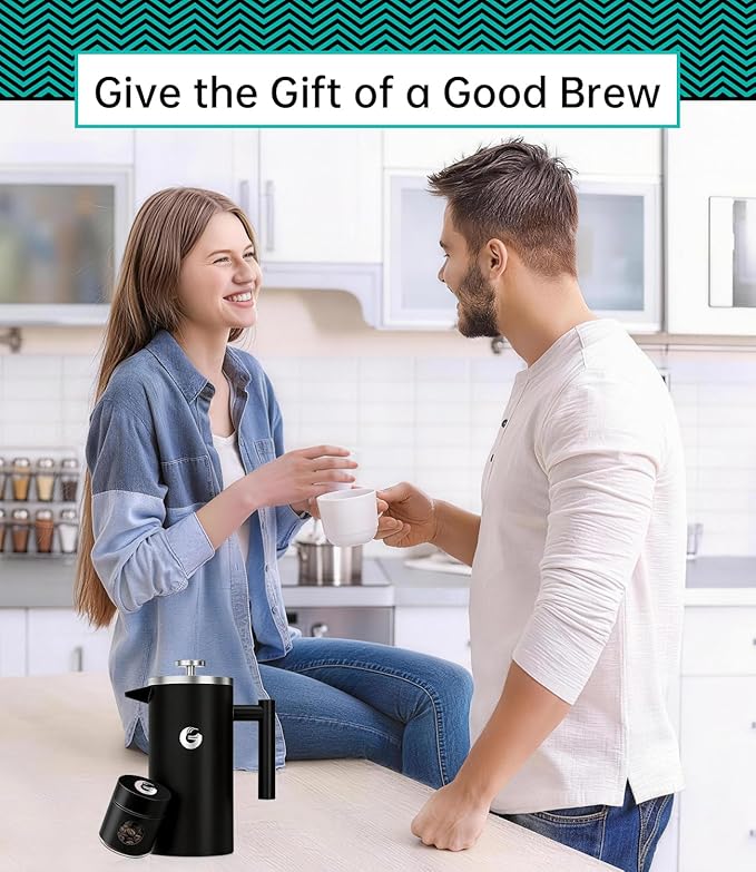Coffee Gator 304 Grade Stainless Steel French Press Coffee Maker 34 oz, Double Wall Insulated Hot Cold Brew Teapot with 4-Level Filtration System, Include Travel Jar Canister, Rust-Free, Travel, Black