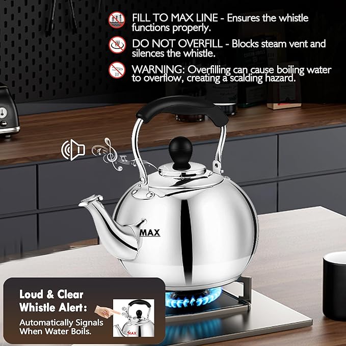 Stovetop Tea Kettle - 2.0 Quart Round Tea Pot for Stovetop, Whistle Alert, Mirror Polished Classic Water Kettle, Food Grade Material Teapot for Stove Top, Compatible with Gas & Electric Coil Stovetop