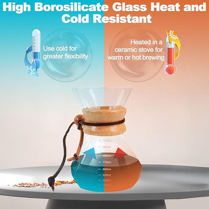 Pour Over Coffee Maker 1000ml 33.8oz Glass Drip Coffee Maker with 304 Stainless Steel Filter High Borosilicate Glass Duckbill Spout Solid Wood Handle Pour Over Coffee Dripper for Daily Brewing