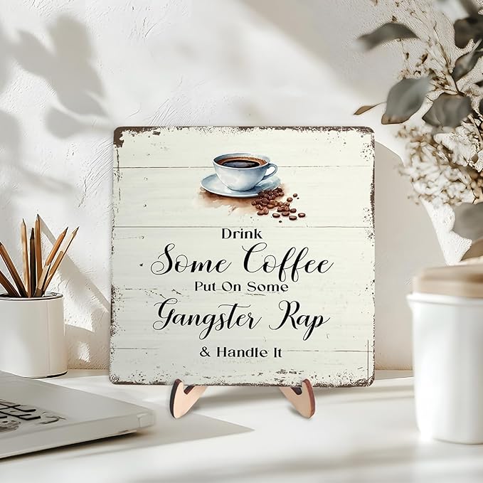 Coffee Bar Sign Plaque for Coffee Station,Vintage Cafe Sign Decor for Kitchen,Cafe Bar Accessories for Farmhouse Kitchen Office(Beige, 5.9x5.9inches)