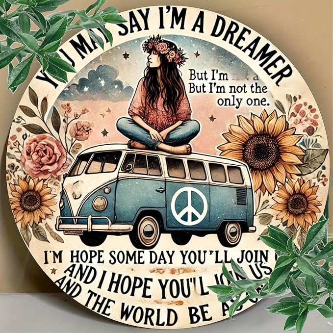 Hippie Van Round Aluminum Sign "Dreamer" Quote Wall Art Decor, Retro Floral Peace Bus Home Decoration, Funny Tin Plaque for Kitchen, Restaurant,Garage - 1 Piece Vintage Engraved 7.8 Inch - Image 4