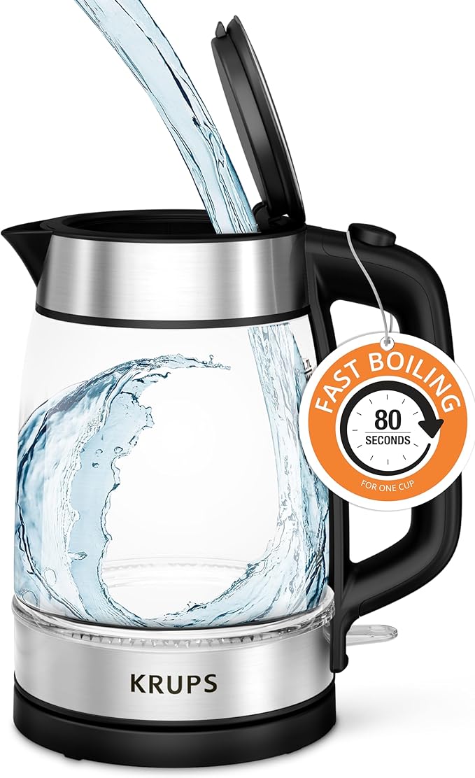 KRUPS 1.7L Glass Electric Kettle: Fast-Boiling 1500W with LED Indicator, Anti-Scale Filter, Auto Shut-Off, and Cordless Design - Boil 1 Cup in 80 Seconds for Perfect Tea and Coffee