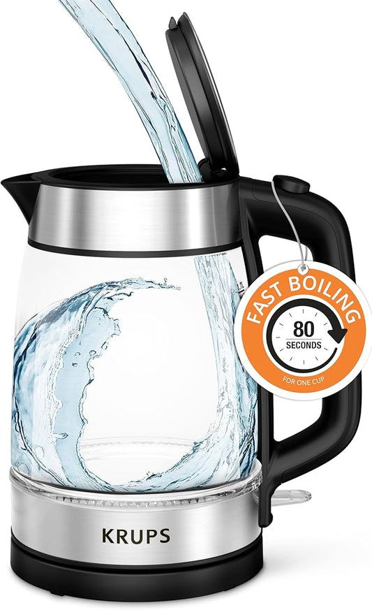KRUPS 1.7L Glass Electric Kettle: Fast-Boiling 1500W with LED Indicator, Anti-Scale Filter, Auto Shut-Off, and Cordless Design - Boil 1 Cup in 80 Seconds for Perfect Tea and Coffee