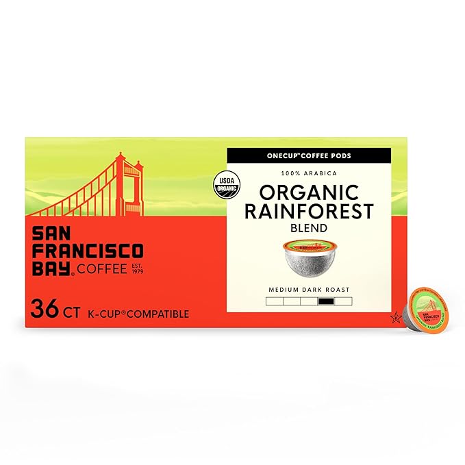 San Francisco Bay Coffee - OneCUP Organic Rainforest Blend 36 Ct Medium Dark Roast Compostable Coffee Pods, K Cup Compatible including Keurig 2.0