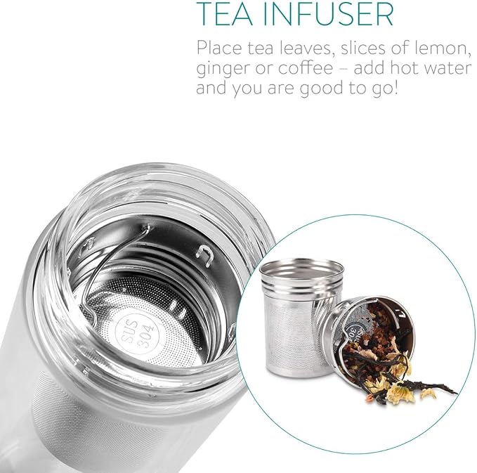 Navaris Glass Water Bottle with Tea Infuser - Double Walled Borosilicate Glass Travel Tumbler with Bamboo Lid and Non Slip Gray Neoprene Sleeve - 17oz
