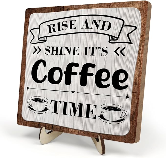 Coffee Bar Sign Plaque, Coffee Signs for Coffee Station, Vintage Coffee Sign Decor for Kitchen, Coffee Bar Accessories, Coffee Themed Gifts, Farmhouse Cafe Sign,Coffee & Tea Bar Decor Signs (Gray&Brown, 5.9x5.9inches)