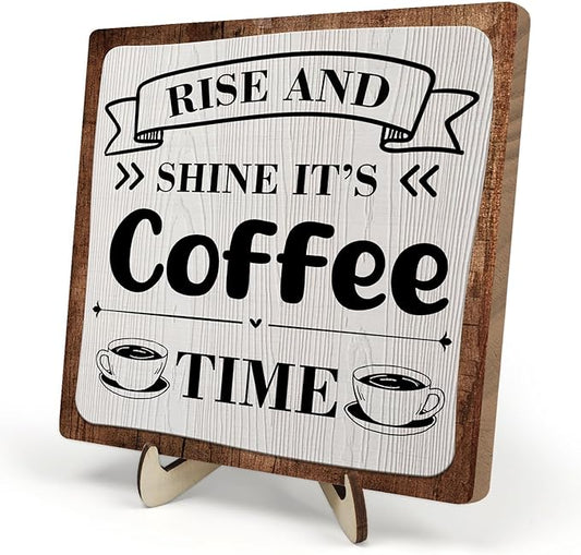 Coffee Bar Sign Plaque, Coffee Signs for Coffee Station, Vintage Coffee Sign Decor for Kitchen, Coffee Bar Accessories, Coffee Themed Gifts, Farmhouse Cafe Sign,Coffee & Tea Bar Decor Signs (Gray&Brown, 5.9x5.9inches)