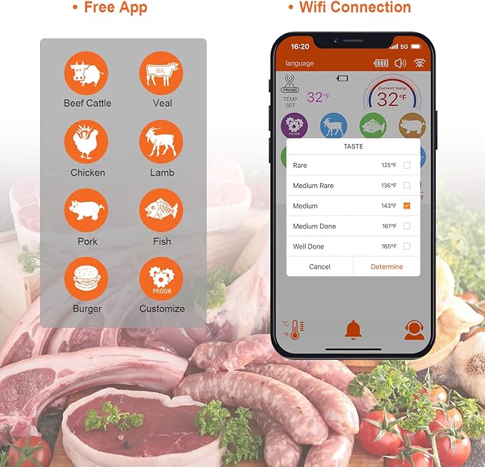 Wireless Meat Thermometer – Digital Cooking Thermometer with Wireless Probe – 500Ft Remote Range Food Thermometer – with iOS & Android Read App -Preprogrammed Temperatures for BBQ, Oven, Grill