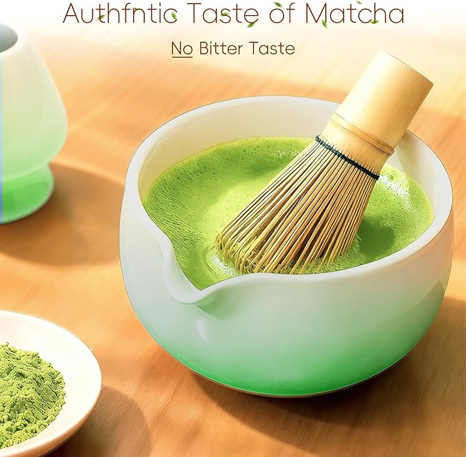 Matcha Whisk Set, Ceramic Matcha Set Includes Bowl & Holder, Bamboo Whisk (Chasen), Scoop, Spoon and Sifter, 6PCS Matcha Kit Covers Everything Needed for Making Matcha (Green)