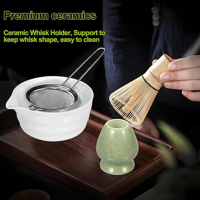 Bamboo Matcha Whisk Set 5Pcs, Matcha Whisk, Ceramic Whisk Holder (Green), Sifter, Traditional Tea Scoop and Tea Spoon, Japanese Matcha Ceremony, Gift for Matcha Lovers Beginner