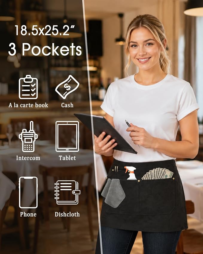 Work Server Apron for Men Women 2PCS with 3 Pockets for chef, waitress | Black Waist Apron for Waitress, Waiter, Barista, Ideal for Cafe, Bar, Gardening, Cooking, BBQ, Painting, Cleaning - Image 3
