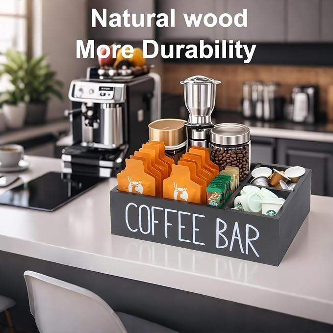 Coffee Station Organizer with Removable Dividers Disposable Cup Holder Wooden Countertop Organizer for Tea Condiment Accessories Storage Farmhouse Bar Decor Black (Black) - Image 2