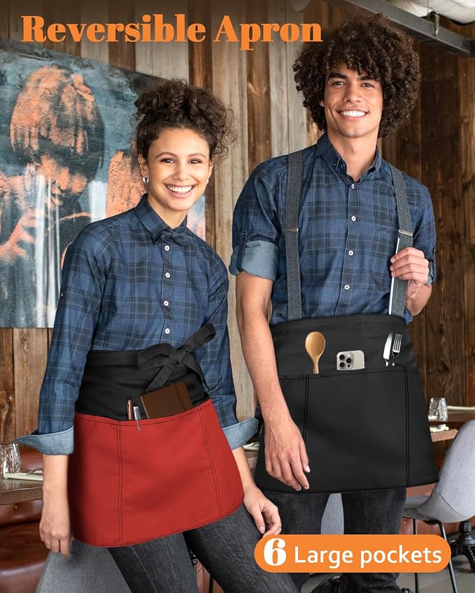 Slohif Reversible Server Apron 6 Pockets - Waist Apron for Waitress Women Half Serving Short Apron for Waiter - Image 3