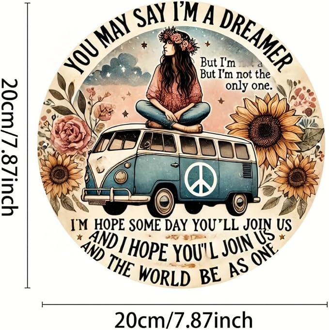 Hippie Van Round Aluminum Sign "Dreamer" Quote Wall Art Decor, Retro Floral Peace Bus Home Decoration, Funny Tin Plaque for Kitchen, Restaurant,Garage - 1 Piece Vintage Engraved 7.8 Inch - Image 3