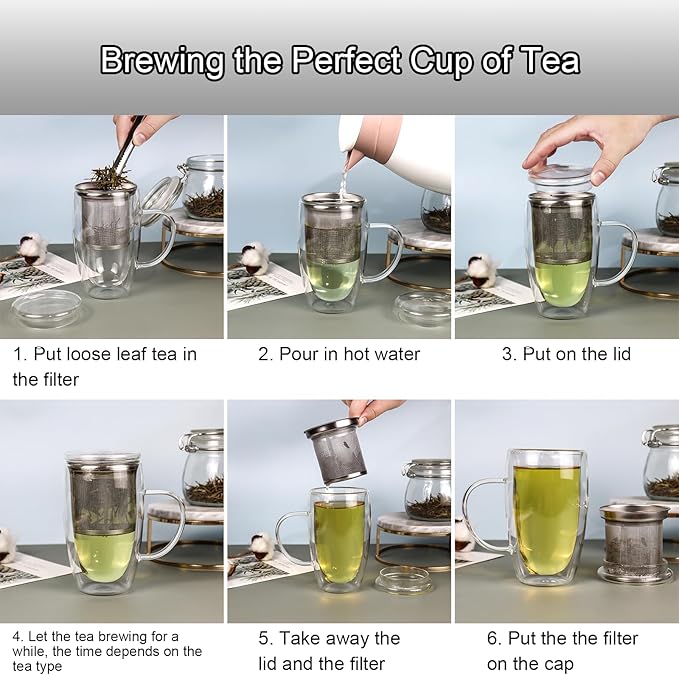Double Wall Glass Tea Mug with Infuser and Lid, 14 oz / 400 ml Borosilicate Glass Tea Cup with 304 Stainless Steel Fine Mesh Infuser, Durable Insulated Tea Cup, Gift for Tea Lovers