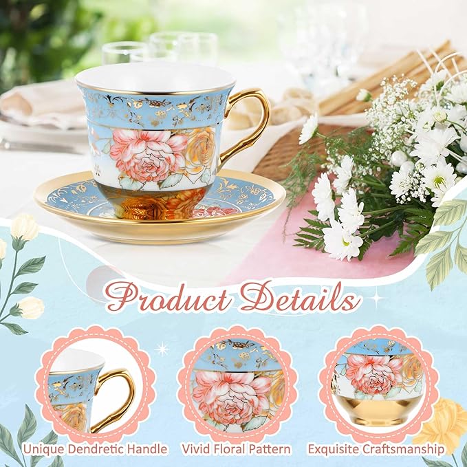 Set of 6 Tea Cups and Saucers Tea Party Decorations Floral Porcelain 5.4 oz British Gift for Women Birthday Party, Church, and Mother's Day (Classic Style)