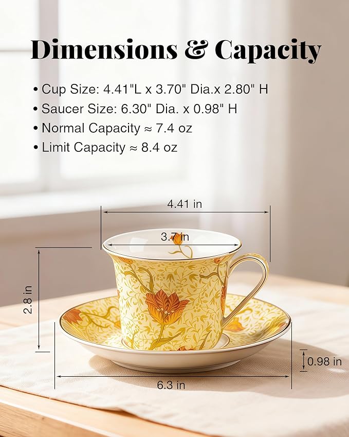Exquisite Bone China Tea Cups and Saucer Set – Elegant Porcelain Tea Cups, Beautifully Detailed for Tea Lovers, Gift-Ready for Christmas, Hostess, Holiday Gift & Fall Decor