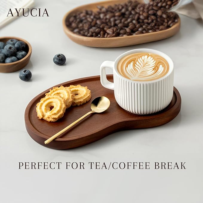 Tea Cups and Saucers Set of 2, 8OZ Cappuccino Cups with Acacia Serving Saucers and Spoons, White Cream Ceramic Coffee Mugs with 9.4inch Wooden Plates for Latte Dessert Breakfast
