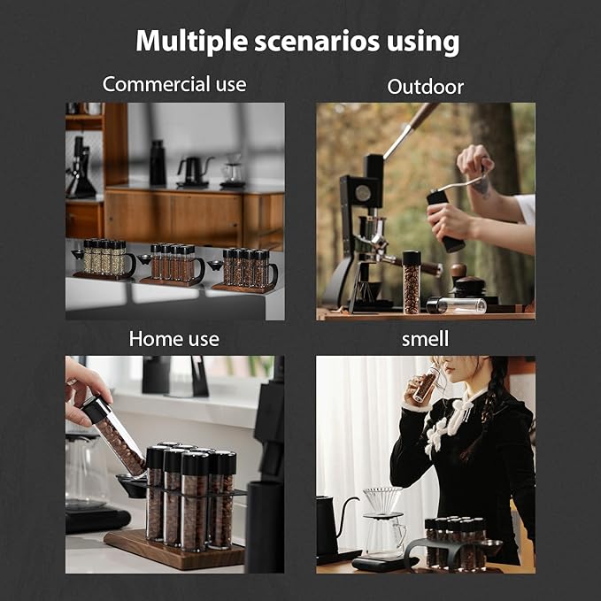 MHW-3BOMBER Single Dose Coffee Bean Storage Tubes, 8 pcs, Coffee Bean Cellars with One-Way Exhaust Valve,Espresso Dosing Vials with Walnut Stand & Hopper, C5152-OS
