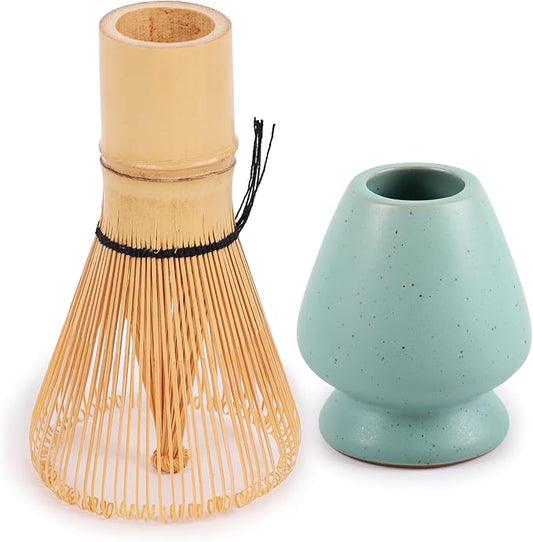 Matcha Tea Bamboo Whisk And Ceramic Rest 2 Piece Set - Matte Green Holder - 1 Set