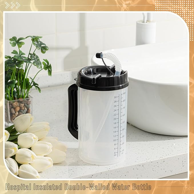 4 Pcs 32 oz Hospital Water Cup with Straw and Lid Insulated Double Walled Water Cup with Handle and Straw Elderly Bottle Plastic Drinking Carafe Insulated Mug (Black)