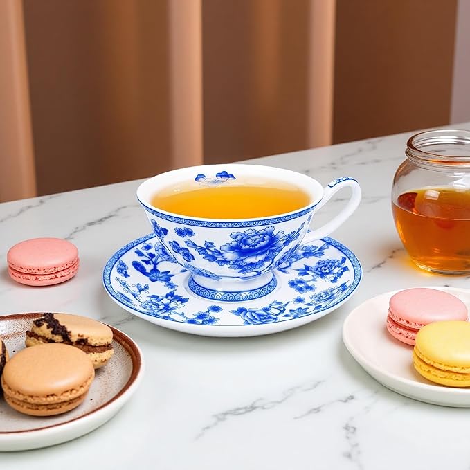 Tea cup and Saucer Set Royal Garden Style Tea Coffee Cup with Saucer 7 Ounces Bone China Teacup and saucer Set (Blue and White)