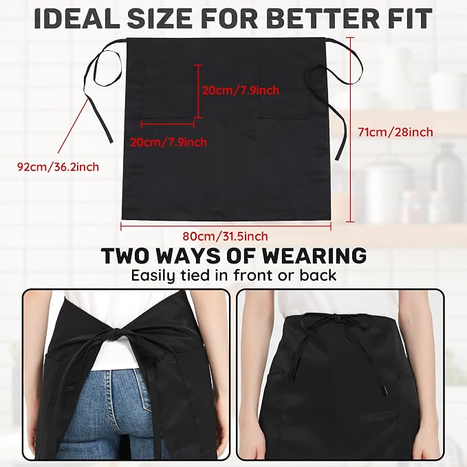 3 Pack Waist Apron with 3 Pockets, Unisex Black Waiter Aprons, Water Resistant Server Aprons for Restaurant Chef Bar - Image 3