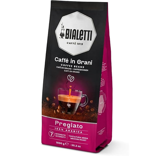 Bialetti Pregiato Coffee Beans 1000g Bag - Medium Roast Intensity 7, 100% Arabica Whole Bean Coffees with Floral & Dried Fruit Notes For Stovetop Espresso Maker, Cappuccino Machines & Moka Pot