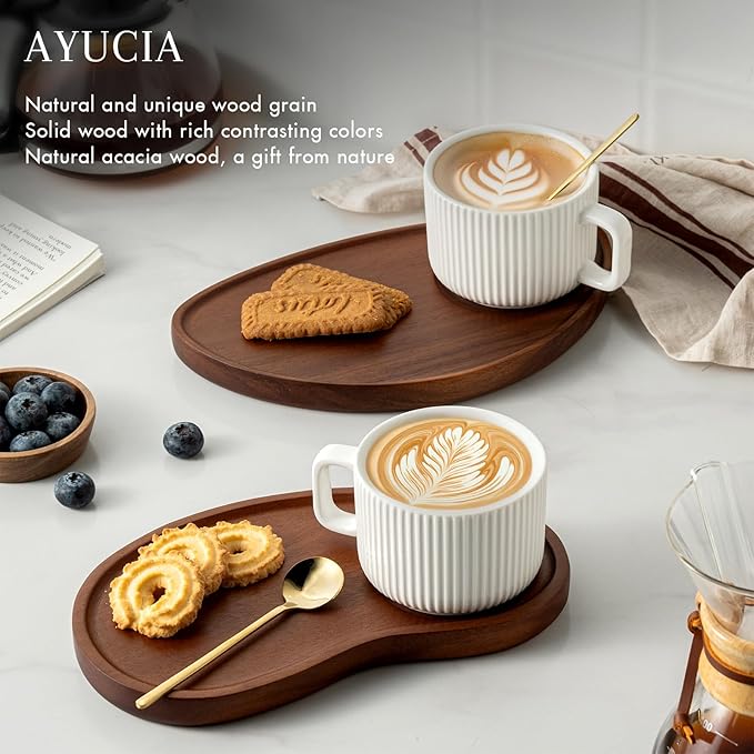 Tea Cups and Saucers Set of 2, 8OZ Cappuccino Cups with Acacia Serving Saucers and Spoons, White Cream Ceramic Coffee Mugs with 9.4inch Wooden Plates for Latte Dessert Breakfast