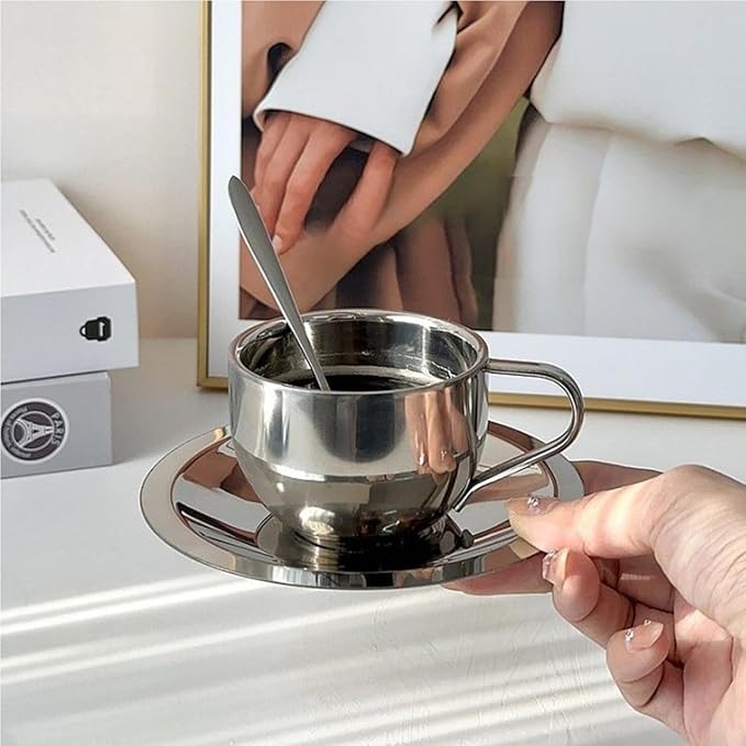 Okllen 4 Pack Stainless Steel Coffee Cup Set, 6 Oz Coffee Mugs with Spoon and Saucer, Double Walled Espresso Cups Mugs for Coffee, Latte,Tea, Milk