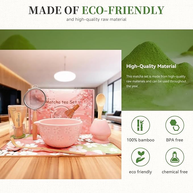 Matcha Whisk Set, Japanese Tea Ceremony Utensils (8 PCS) with Matcha Bowl with Spout (19 oz), Bamboo Whisk, Scoop, Holder, Sifter, Tea Towel – Authentic Matcha Set & Gift Box (Pink)
