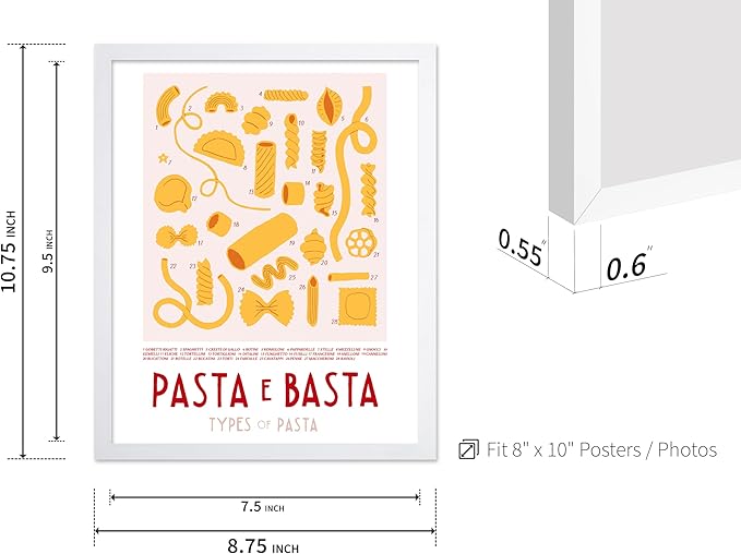 Poster Master Vintage Illustration Poster - Retro Food Print - Types of Pasta, Yellow, Spaghetti, Rotini, Penne - Gift for Artist, Chef - Wall Decor for Kitchen, Restaurant, 8x10 White Framed