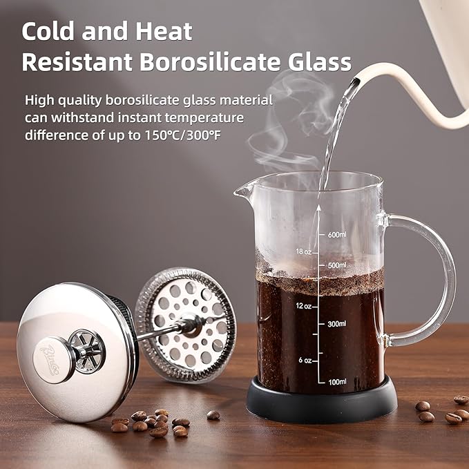 Bincoo French Press Coffee Maker 600ML - Single Layer Borolicate Glass Travel Coffee Press,Tea and Frothed Milk Press, Easy to Use