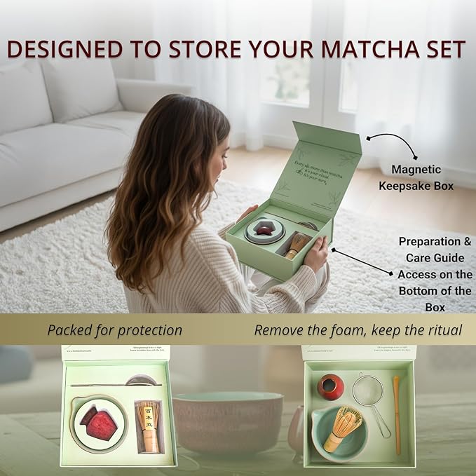Premium Matcha Whisk Set – 5 Piece Japanese Tea Ceremony Kit | Spouted Ceramic Bowl, Bamboo Whisk, Holder, Scoop, Sifter – Essentials for Smooth Matcha Preparation - Magnetic Gift Box