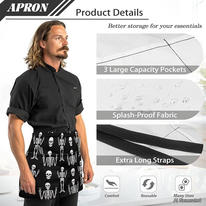 Server Apron with 3 Pockets 13 Inch Short Half Waist Aprons Waterproof Cooking Aprons for Women Men - Image 6